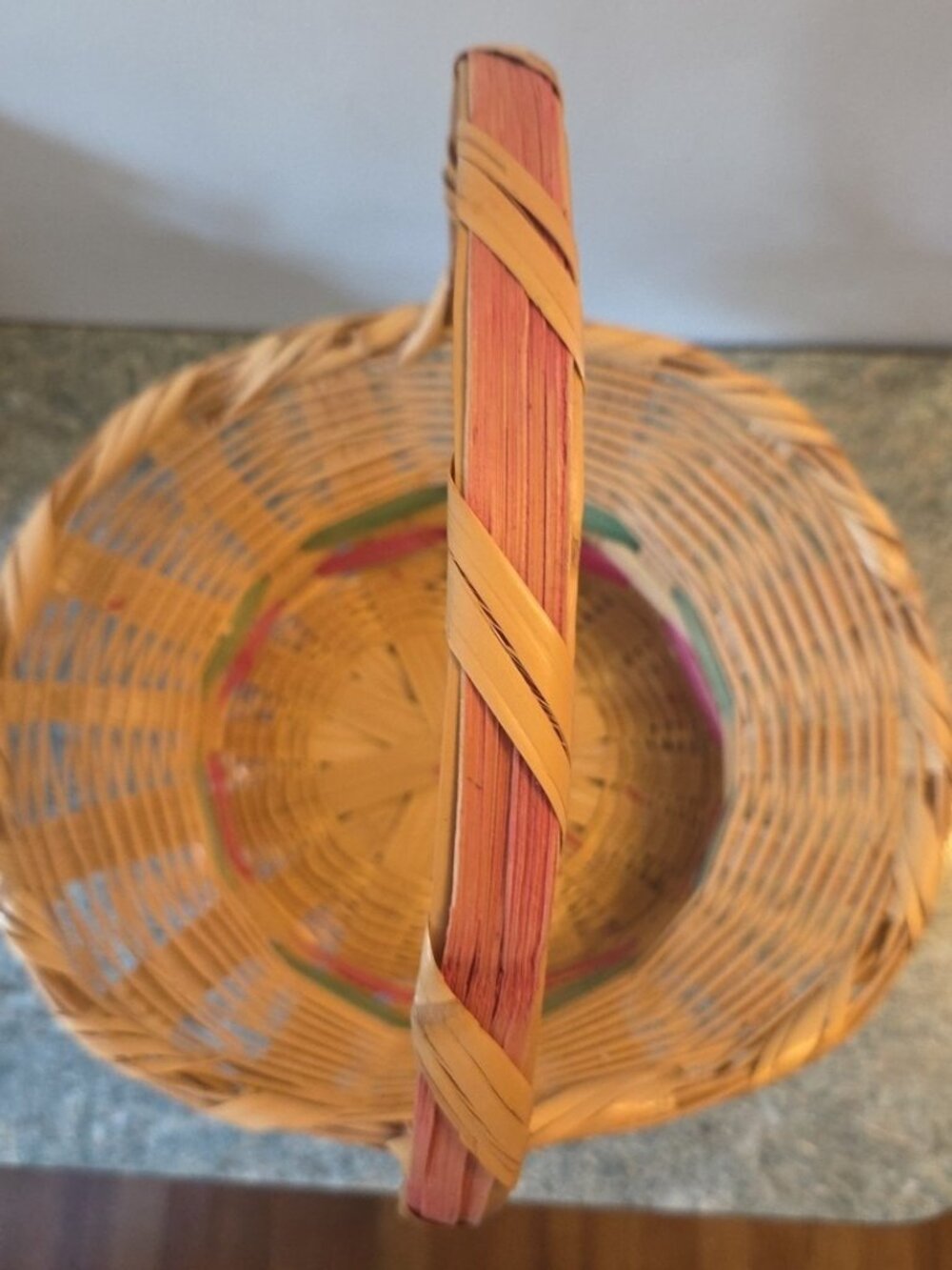 Vintage Easter Bonnet Basket Woven Wicker Pink and Green Bands Mexico - Picture 4 of 12